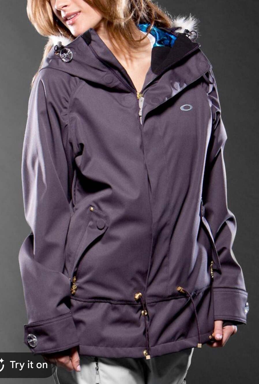 Oakley Women's Premium Fit Insulated Faux Fur Trim Hooded Snowboard Jacket Dark